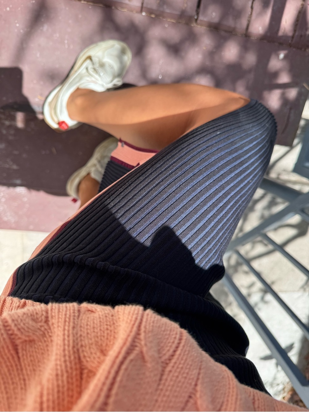 Scotch & Soda Burgundy Ribbed Midi Skirt with salmon and maroon Side Stripe
